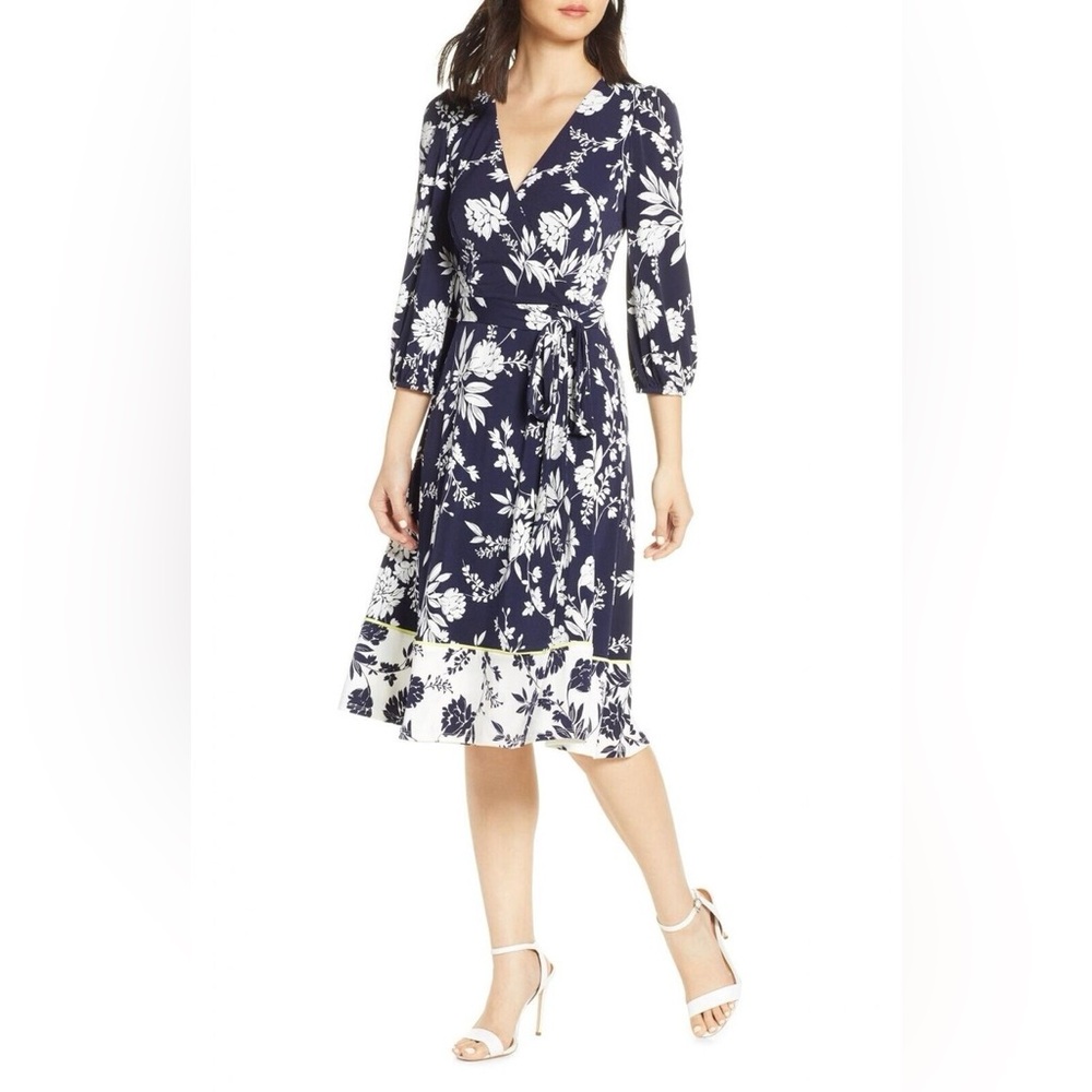 NWT Eliza J Floral Print Faux Wrap Dress Style Size 8 Navy White Timeless Garden